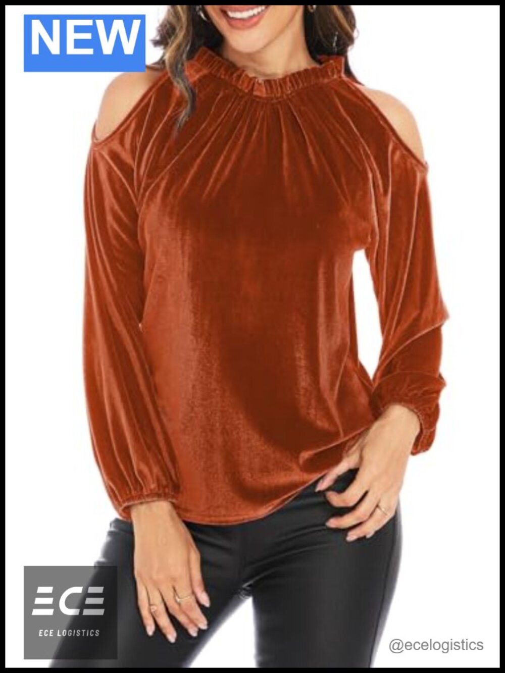 Women's Velvet Cold Shoulder Blouse Long Sleeve Frill Trim Mock Neck Party Top